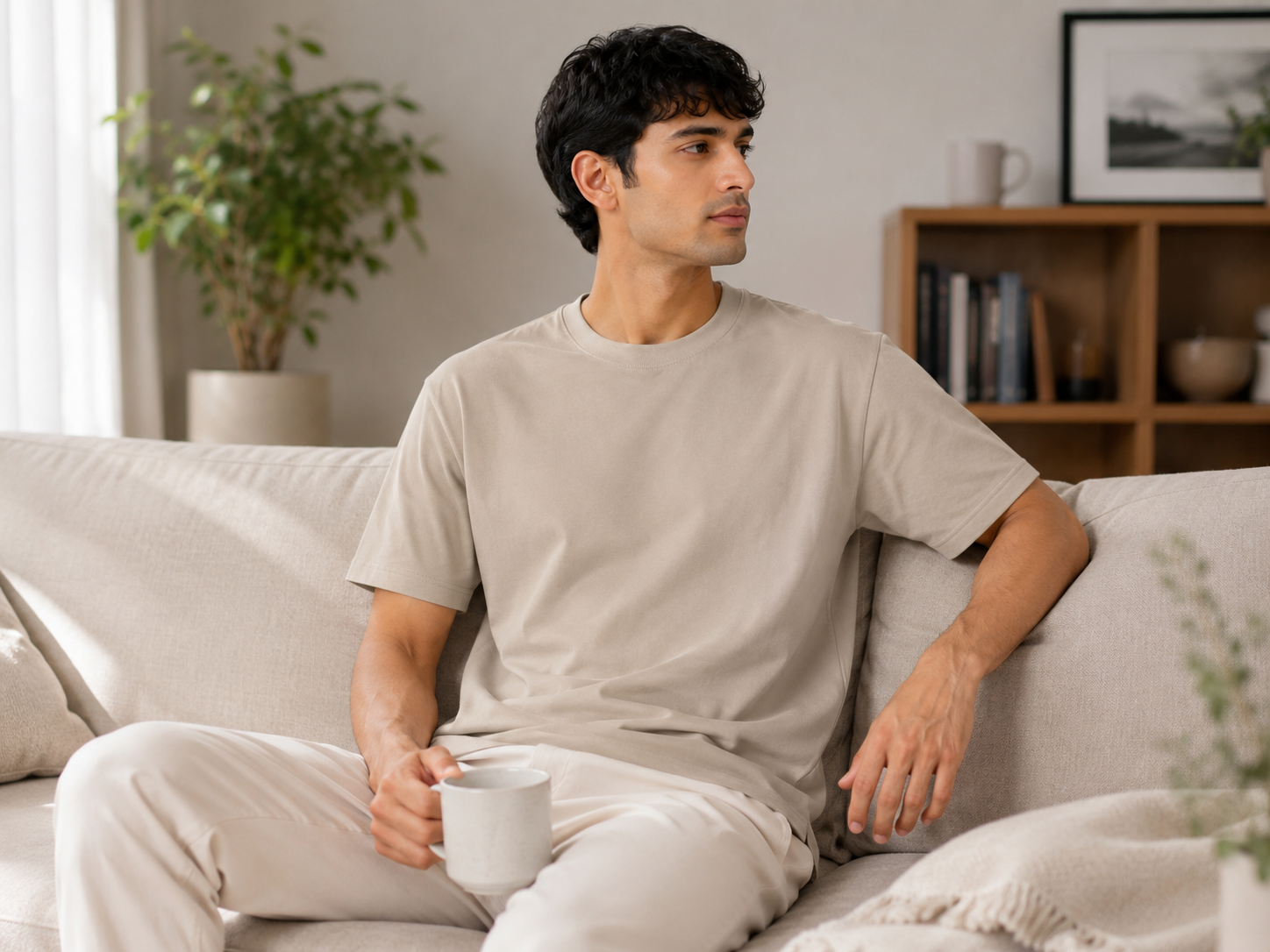 A man wearing a light beige crew-neck t-shirt and matching sweatpants sits on a beige couch holding a white mug in a cozy living room setting.