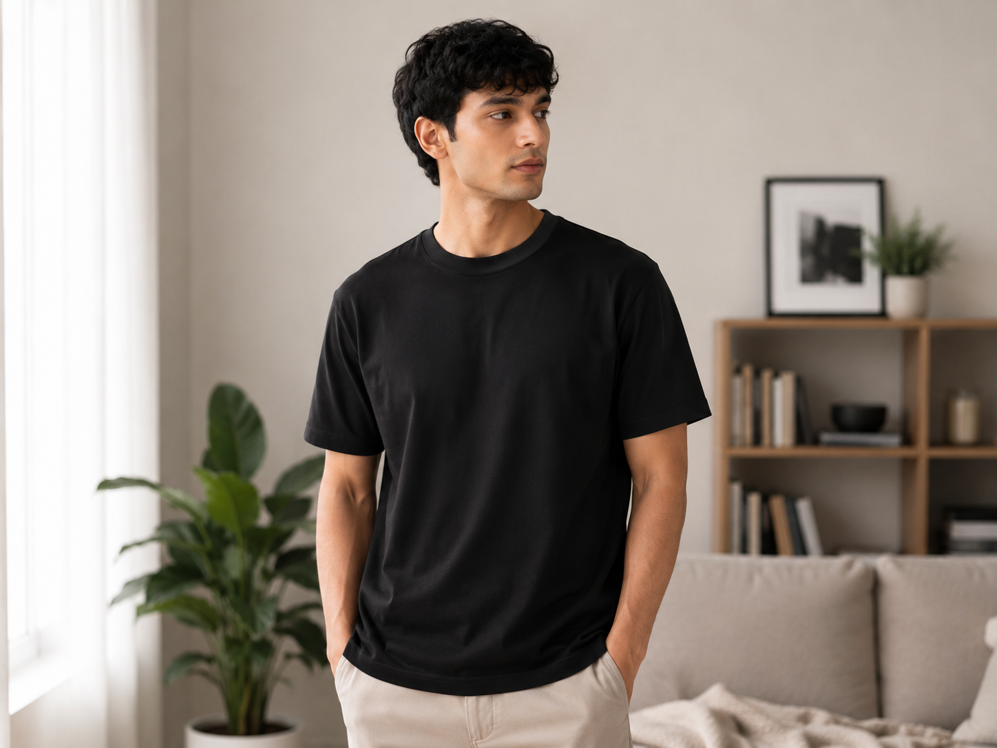 A man wearing a plain black short-sleeve crewneck t-shirt and light beige pants, standing in a modern, softly-lit living room with a sofa, bookshelf, and plants in the background.