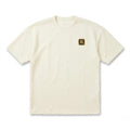 Beige t-shirt with a small logo on a white background