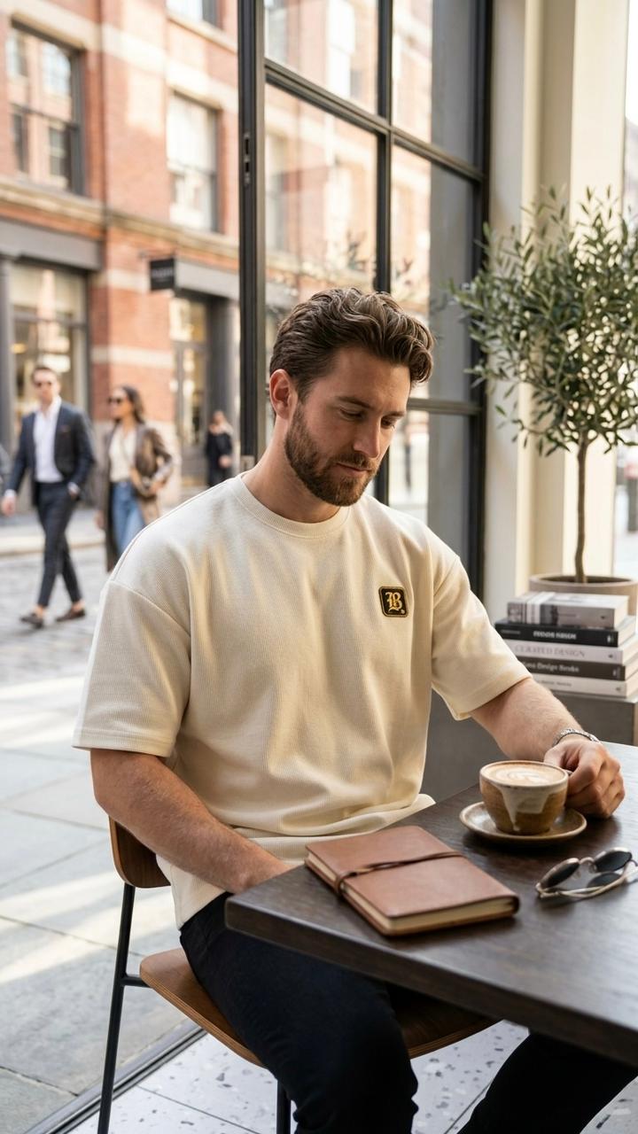 Man sitting at an outdoor cafe table with a cup of coffee and sunglasses, wearing a beige t-shirt.
