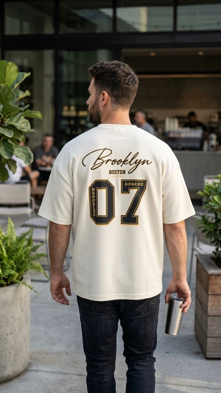 Man wearing a white t-shirt with 'Brooklyn 07' printed on the back, standing outdoors.