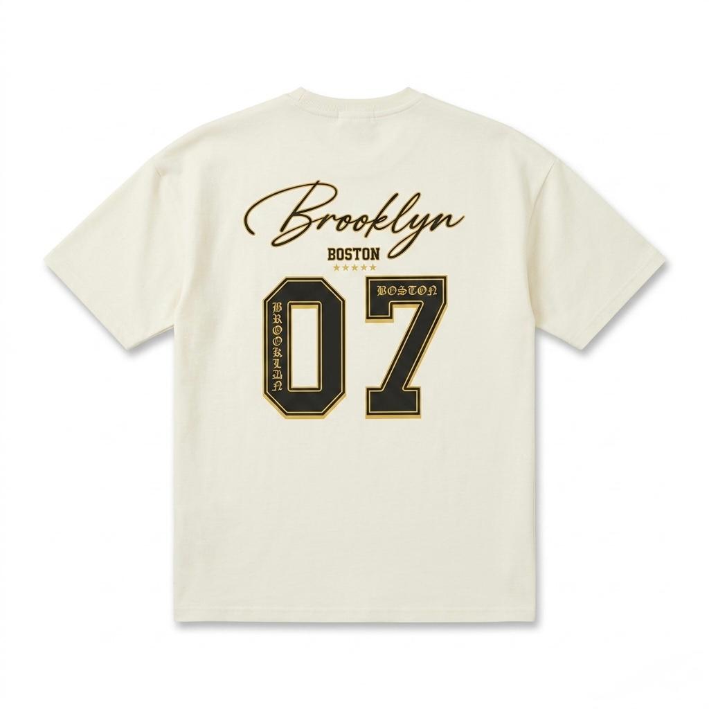 Beige t-shirt with 'Brooklyn Boston' text and numbers on a white background