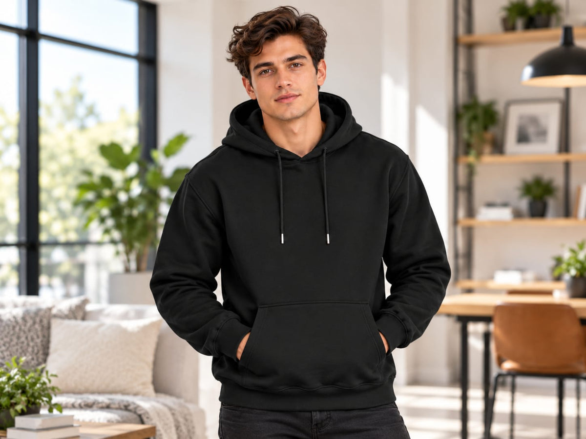 A man wearing a black pullover hoodie with drawstrings and a front kangaroo pocket, standing in a bright, modern living space with large windows, plants, and a desk in the background.