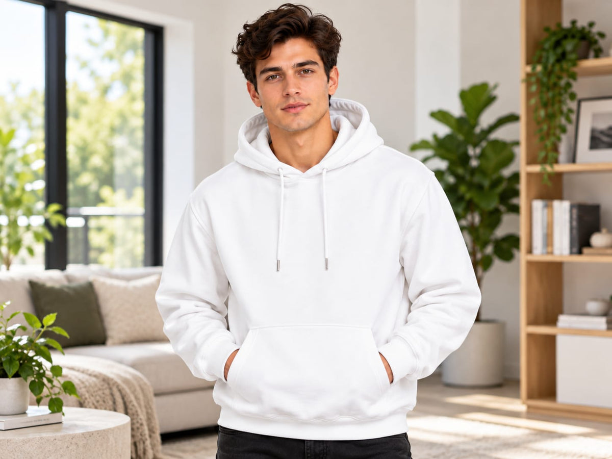 A man wearing a plain white pullover hoodie with drawstrings and a front kangaroo pocket, standing in a bright, modern living room with a couch, plants, and a bookshelf in the background.