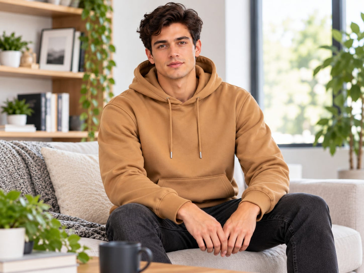 A man wearing a tan pullover hoodie and dark jeans sits on a light-colored couch in a bright, modern living room with plants and bookshelves in the background.