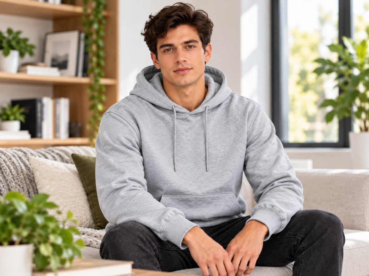 A man wearing a light gray heather pullover hoodie and dark jeans sitting on a light-colored couch in a bright, modern living room.