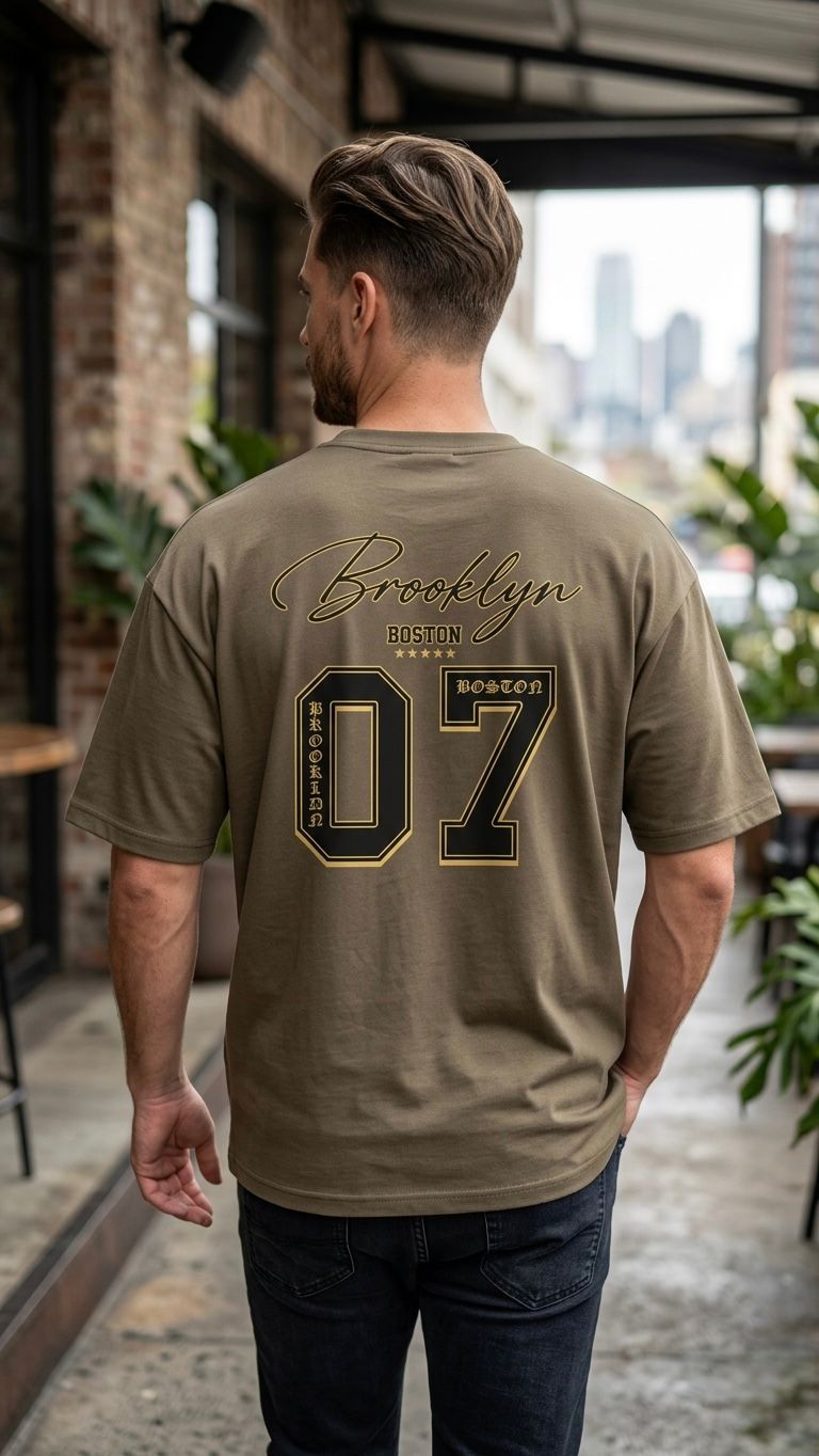 Man wearing a brown t-shirt with 'Brooklyn 07' printed on the back, standing in an urban setting.
