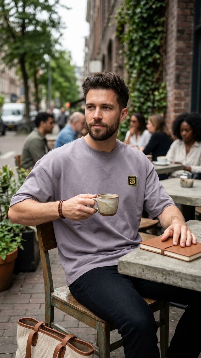 Man sitting at an outdoor cafe holding a cup, surrounded by trees and people.