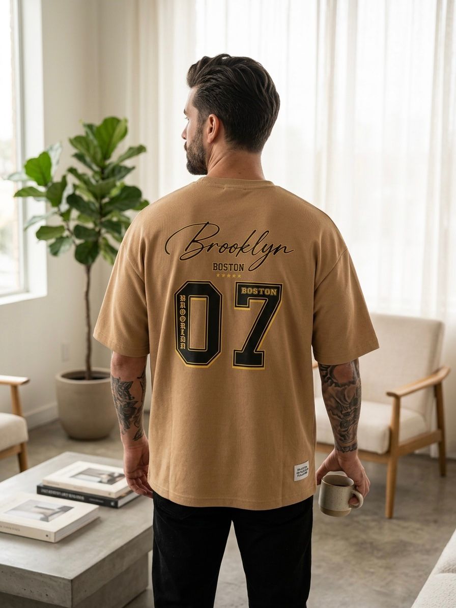 Man wearing a tan t-shirt with 'Brooklyn 07' print in a living room.