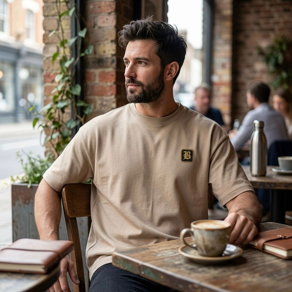 Man sitting at a cafe table with a coffee cup, wearing a beige t-shirt with a logo.