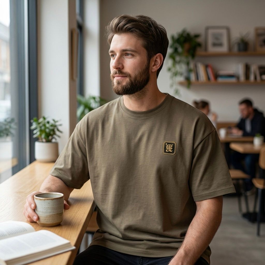 Man sitting at a table in a cafe holding a mug, wearing a green t-shirt with a logo.