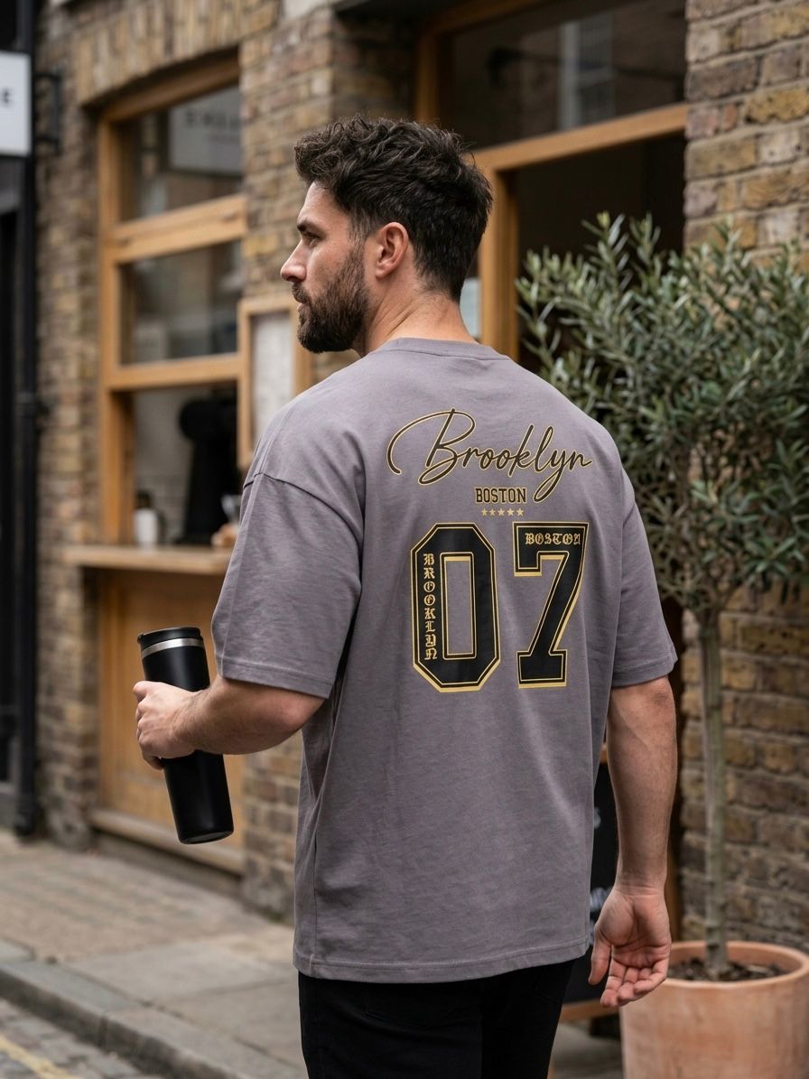 Man wearing a gray t-shirt with 'Brooklyn 07' print, holding a black cup, standing on a street.