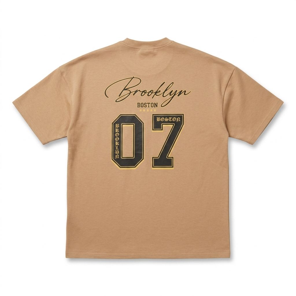 Tan t-shirt with 'Brooklyn Boston 07' text on the back against a white background