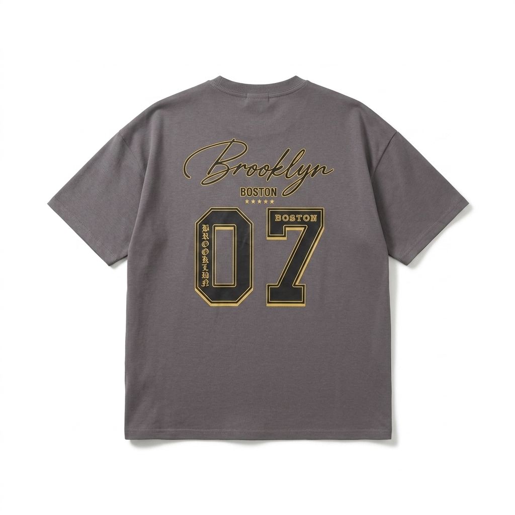 Gray t-shirt with 'Brooklyn Boston 07' text on a white background