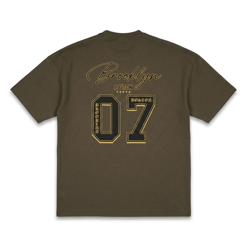 Brown t-shirt with 'Brooklyn 07' print on a white background