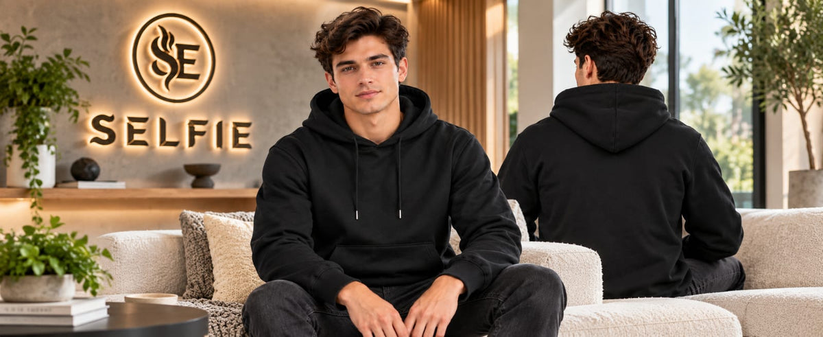 A man wearing a black hoodie sits on a light beige sofa in a modern indoor setting, with another person shown from the back wearing the same hoodie. A large illuminated 'SELFIE' logo is visible on the wall behind them.