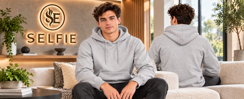 Two men wearing light gray hoodies in a modern lounge setting, with one facing forward and the other turned away. A large illuminated 'SELFIE' logo is visible on the wall behind them.