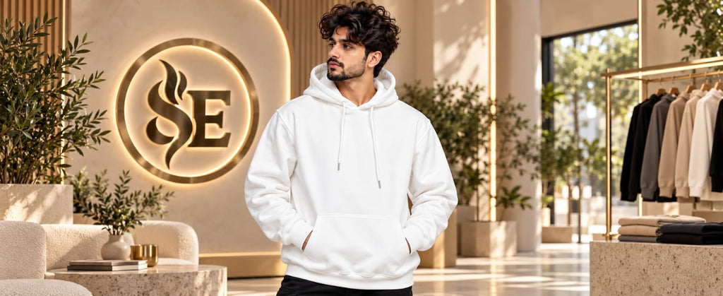A man wearing a white pullover hoodie stands in a modern boutique interior with warm lighting, plants, and clothing racks in the background. A large illuminated 'SE' logo is visible on the wall behind him.