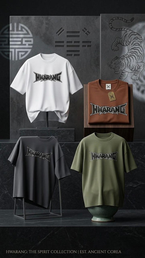 Four t-shirts with 'Hwarang' branding on a dark background