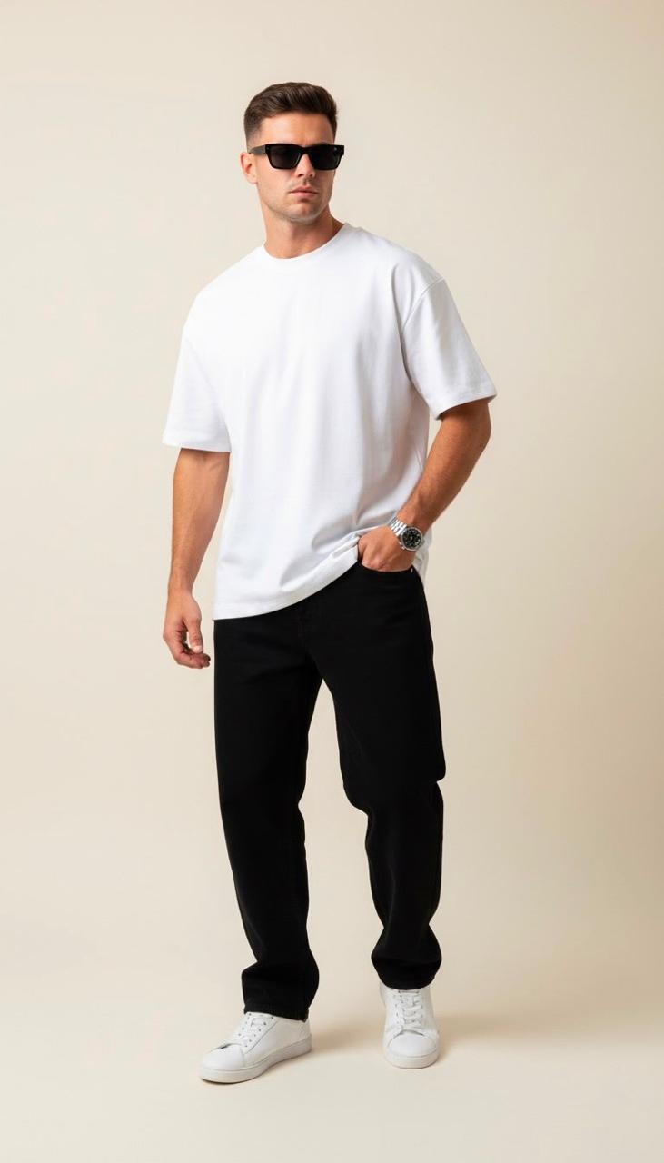 Man wearing a white t-shirt, black pants, and sunglasses on a beige background